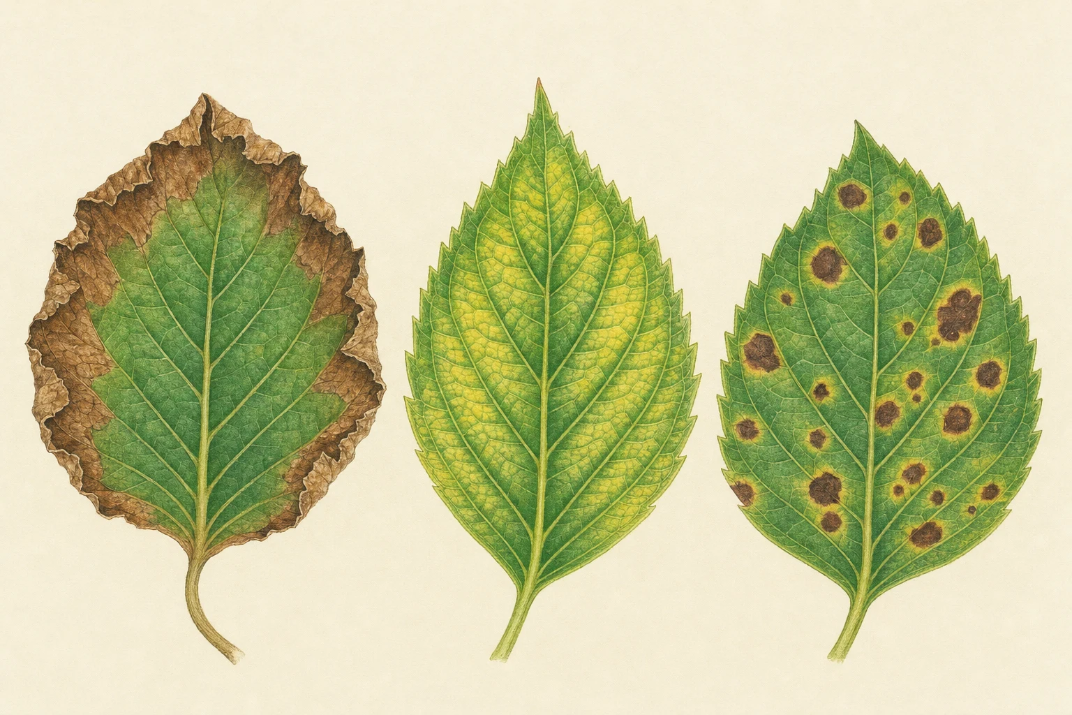 Botanische Vergleichsillustration trockener brauner Hortensienblattränder, gelber Flächen zwischen grünen Adern und begrenzter brauner Blattflecken