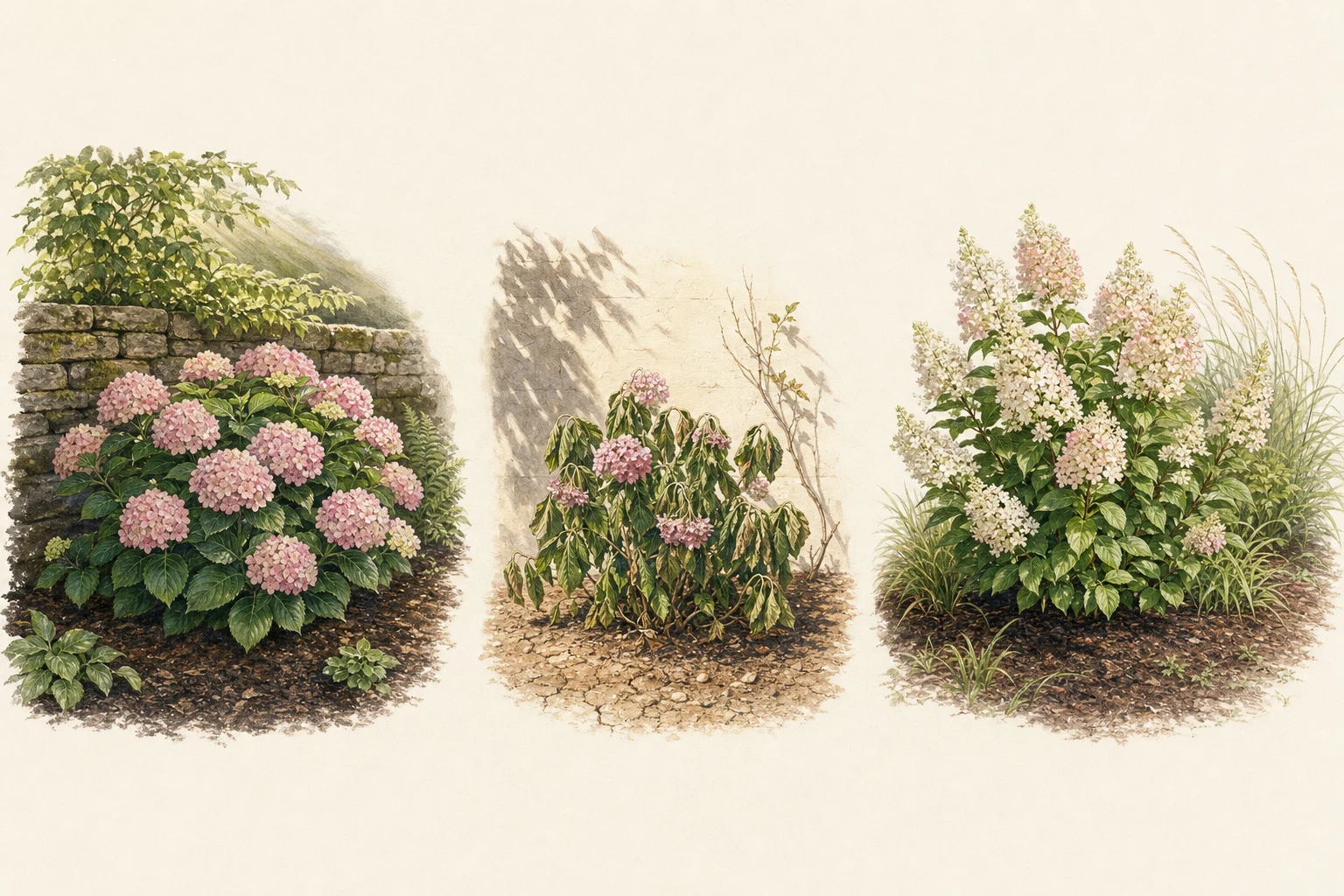 Botanische Vergleichsillustration einer Bauernhortensie im geschützten Halbschatten, einer hitzegestressten Hortensie und einer Rispenhortensie am sonnigeren Standort