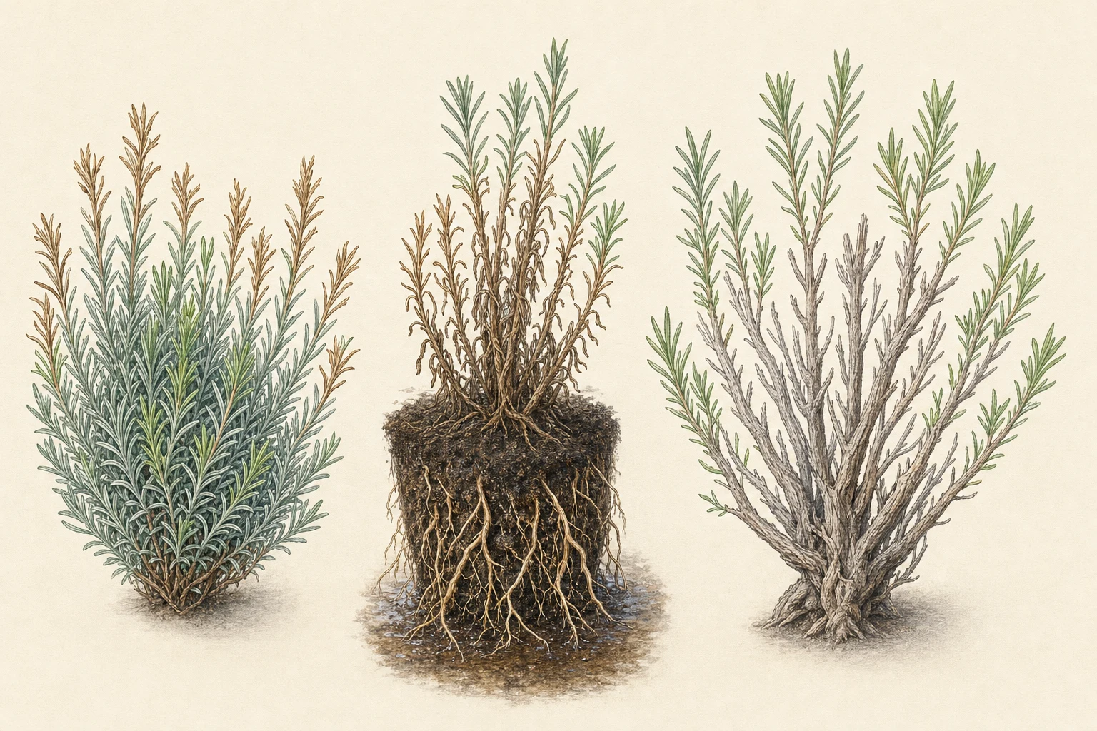 Botanische Vergleichsillustration von Wetterschaden, Wurzelstress bei nassem Boden und natürlicher Verholzung bei Lavendel