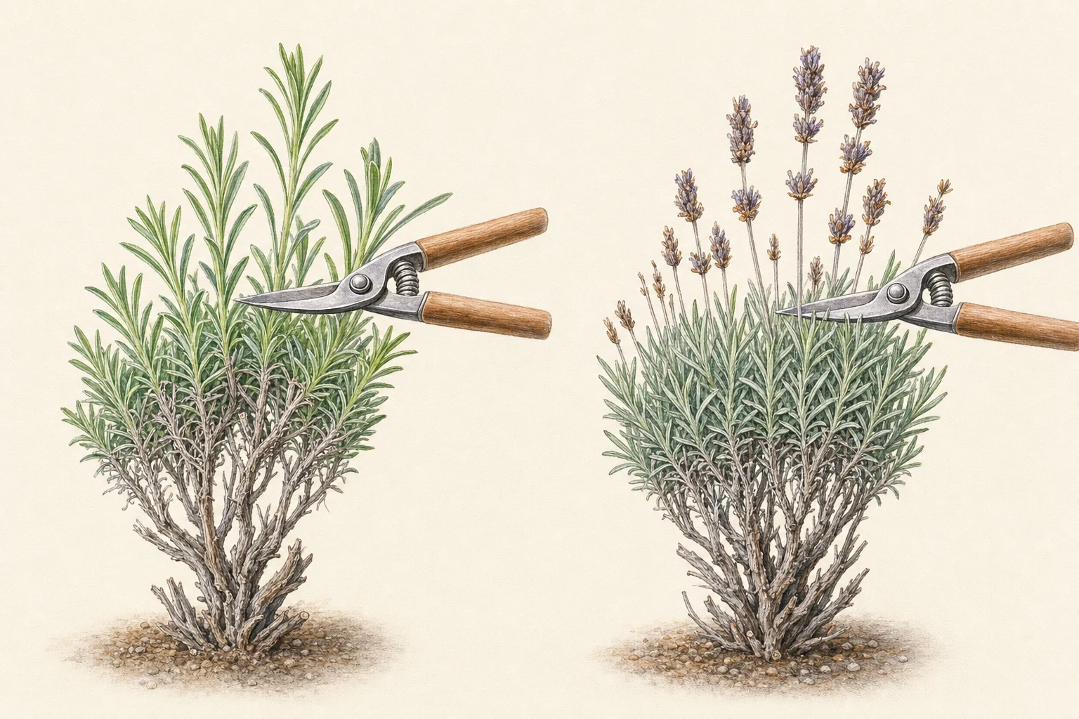 Botanische Vergleichsillustration des Frühjahrsschnitts und des leichten Schnitts nach der Blüte bei Lavendel