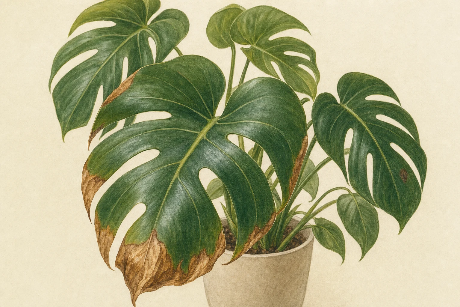 Botanische Illustration einer Monstera mit trockenen braunen Blattspitzen und Blatträndern