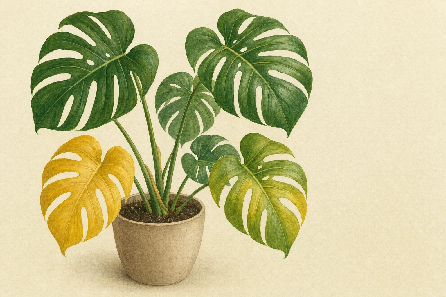 Botanische Illustration einer Monstera mit grünen und gelb verfärbten Blättern