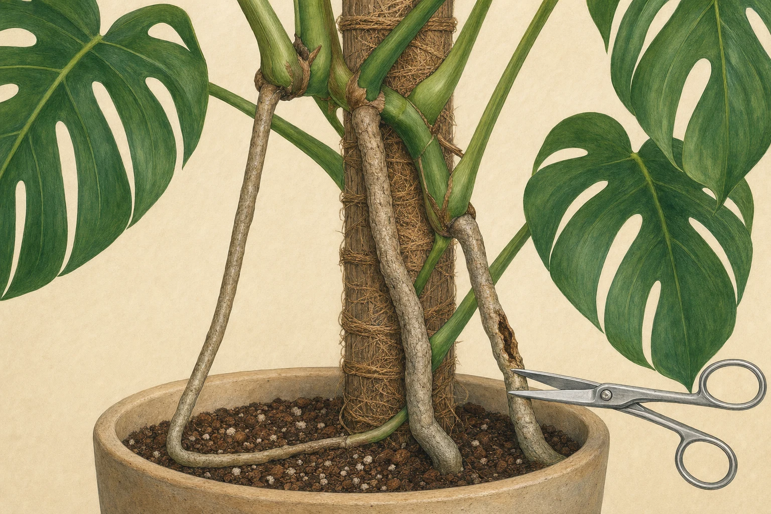 Botanische Illustration fester Monstera-Luftwurzeln an einer Rankhilfe und eines eindeutig geschädigten Wurzelabschnitts