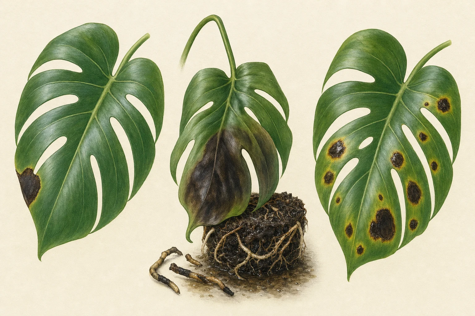 Botanische Vergleichsillustration schwarzer Flecken an Monstera durch Kälteschaden, Wurzelstress und ein fortschreitendes Blattfleckenmuster
