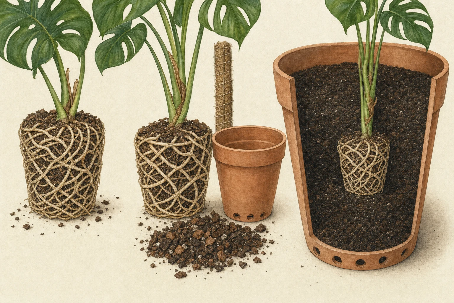 Botanische Vergleichsillustration eines dicht durchwurzelten Monstera-Ballens, eines passenden und eines deutlich zu großen Topfs