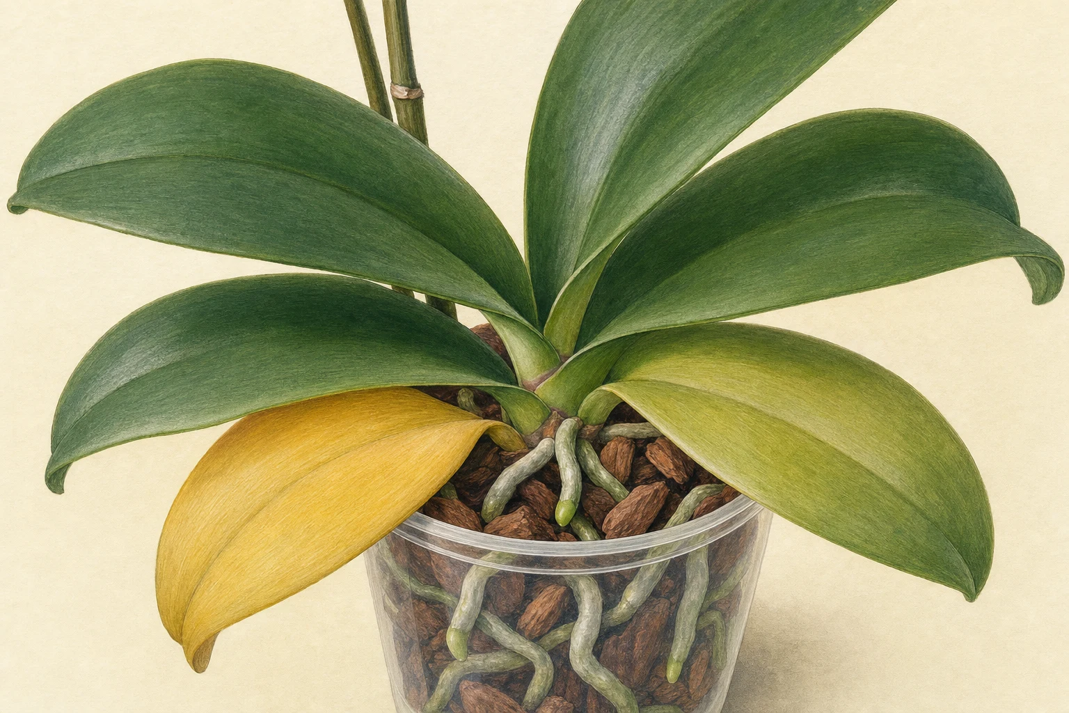 Botanische Illustration einer Phalaenopsis-Orchidee mit gelbem unteren Blatt und sichtbaren festen Wurzeln