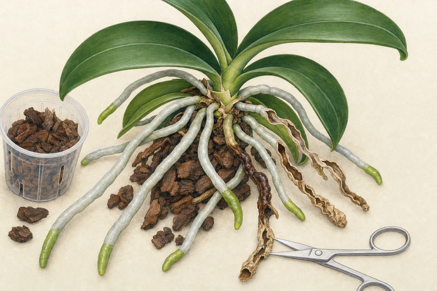 Botanische Vergleichsillustration gesunder und geschädigter Phalaenopsis-Wurzeln beim Umtopfen