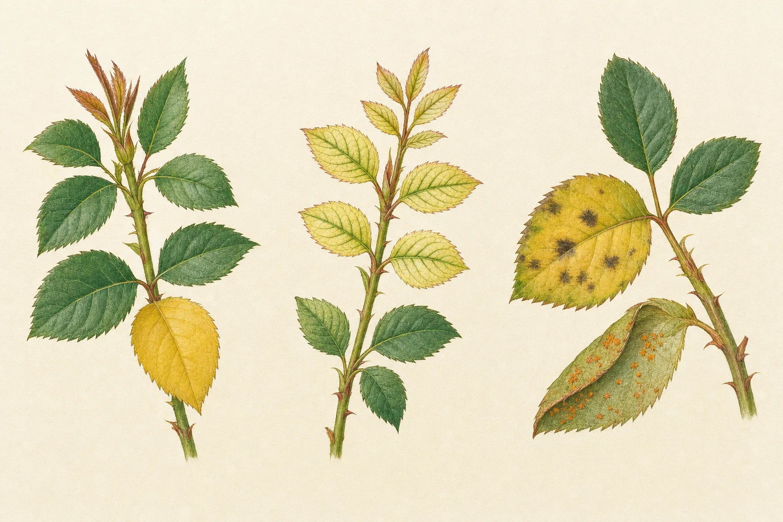 Botanische Vergleichsillustration unterschiedlicher Verteilungen und Begleitmerkmale gelber Rosenblätter