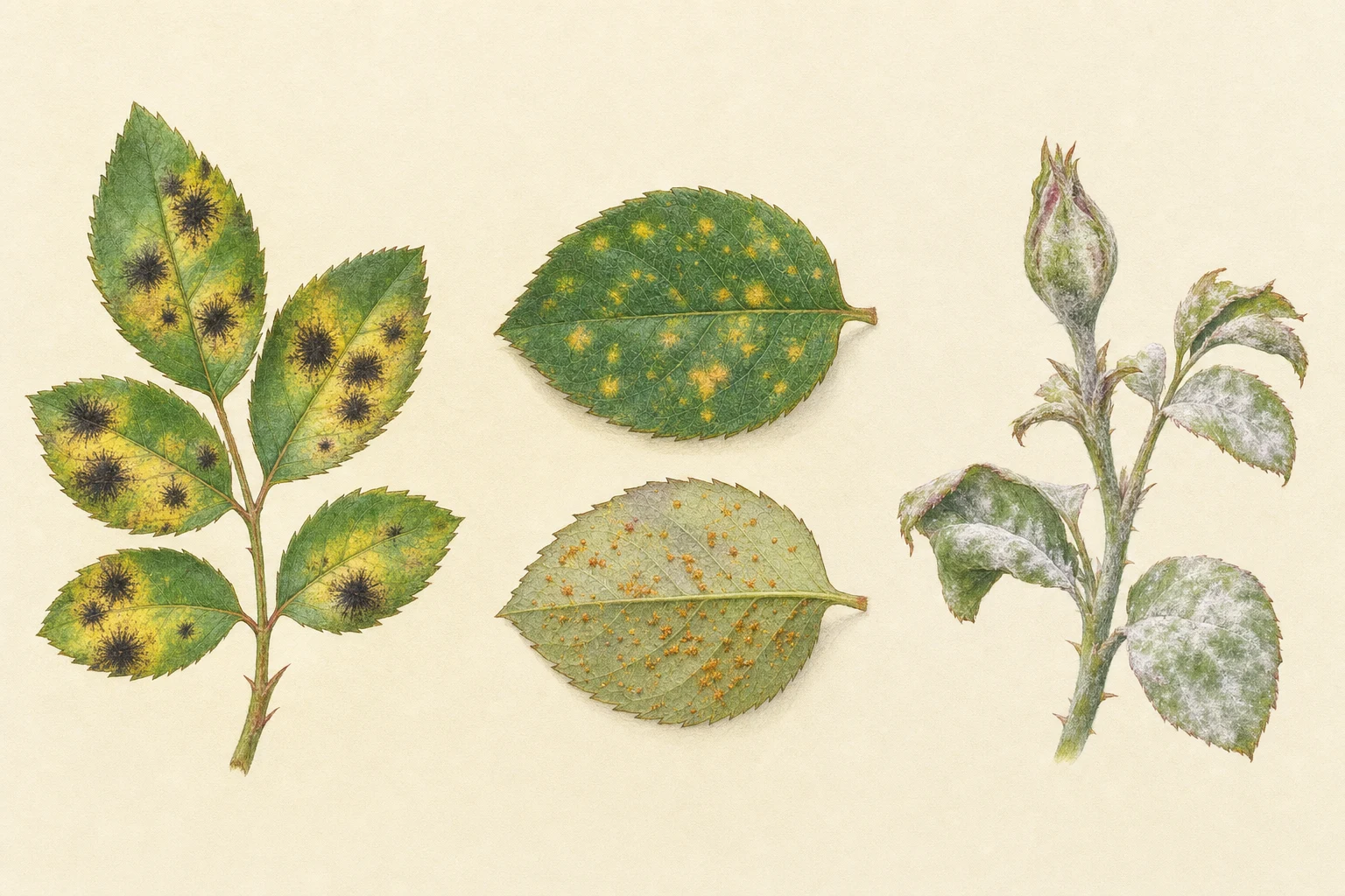 Botanische Vergleichsillustration von Sternrußtau, Rosenrost und Echtem Mehltau an Rosenblättern