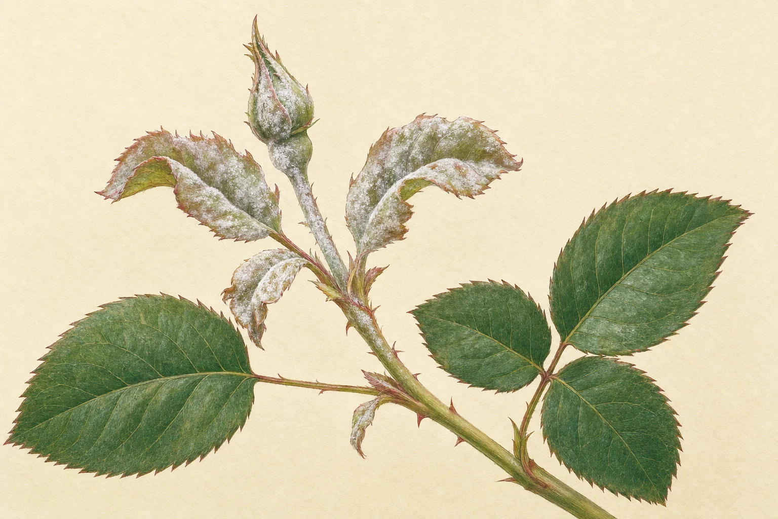 Botanische Illustration eines jungen Rosentriebs mit weißem pudrigem Belag und verformten Blättern durch Echten Mehltau