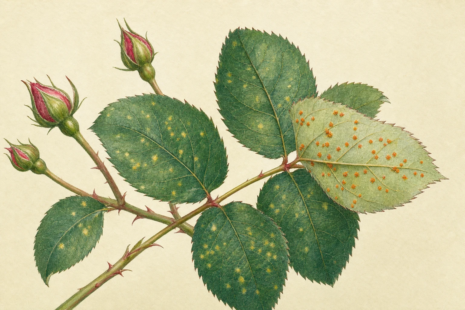Botanische Illustration von Rosenblättern mit gelben Flecken und orangefarbenen Rostpusteln auf der Unterseite