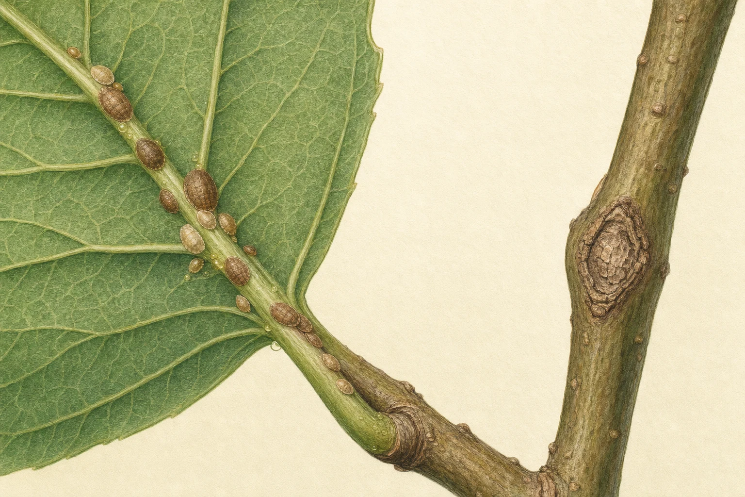 Botanische Nahillustration von Schildläusen an einer Blattader und einer harmlosen Korkstelle am Trieb