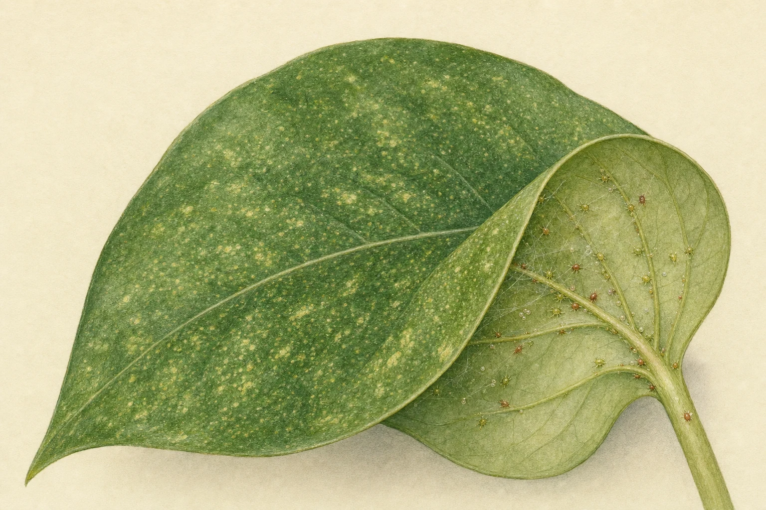 Botanische Illustration eines fein gesprenkelten Blatts mit Spinnmilben, Eiern und zartem Gespinst