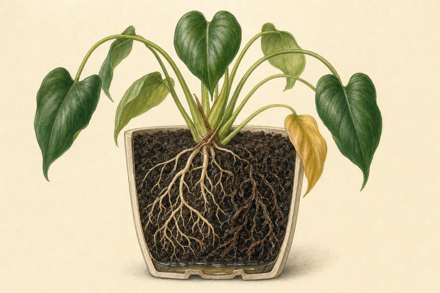 Botanische Schnittillustration einer leicht welkenden Zimmerpflanze mit sehr feuchtem Substrat und teils geschädigten Wurzeln
