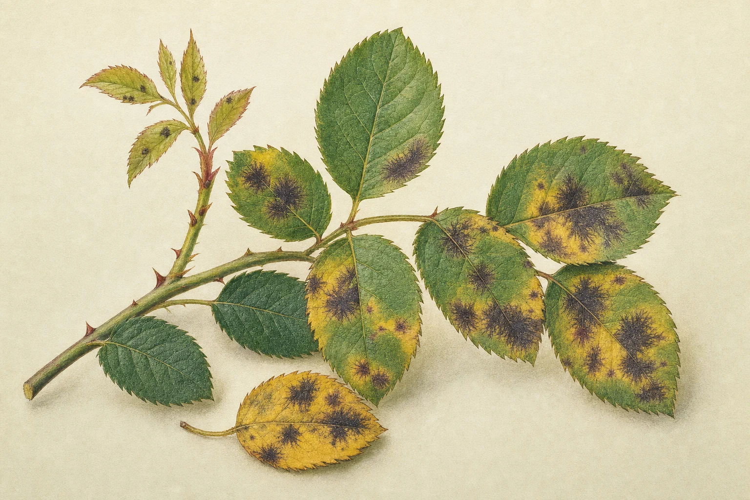 Botanische Illustration von Rosenblättern mit dunklen ausstrahlenden Flecken, Vergilbung und frühem Blattfall