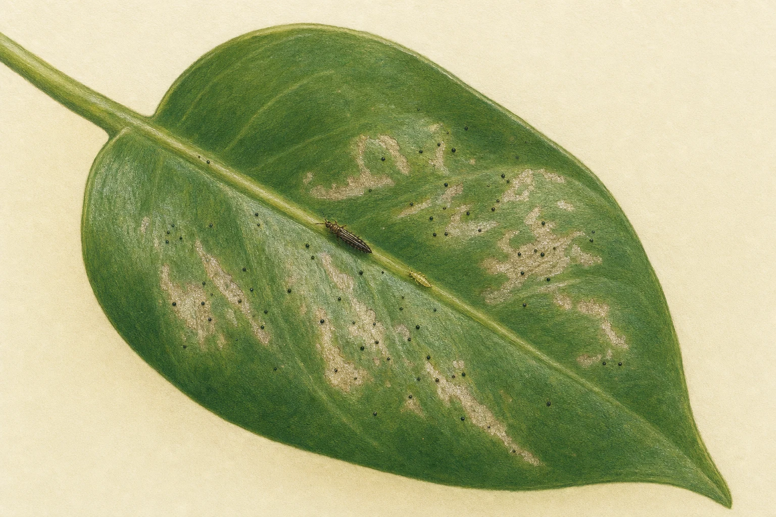 Botanische Illustration eines Blatts mit silbrigen Fraßspuren, schwarzen Kotpunkten und zwei Thripsen