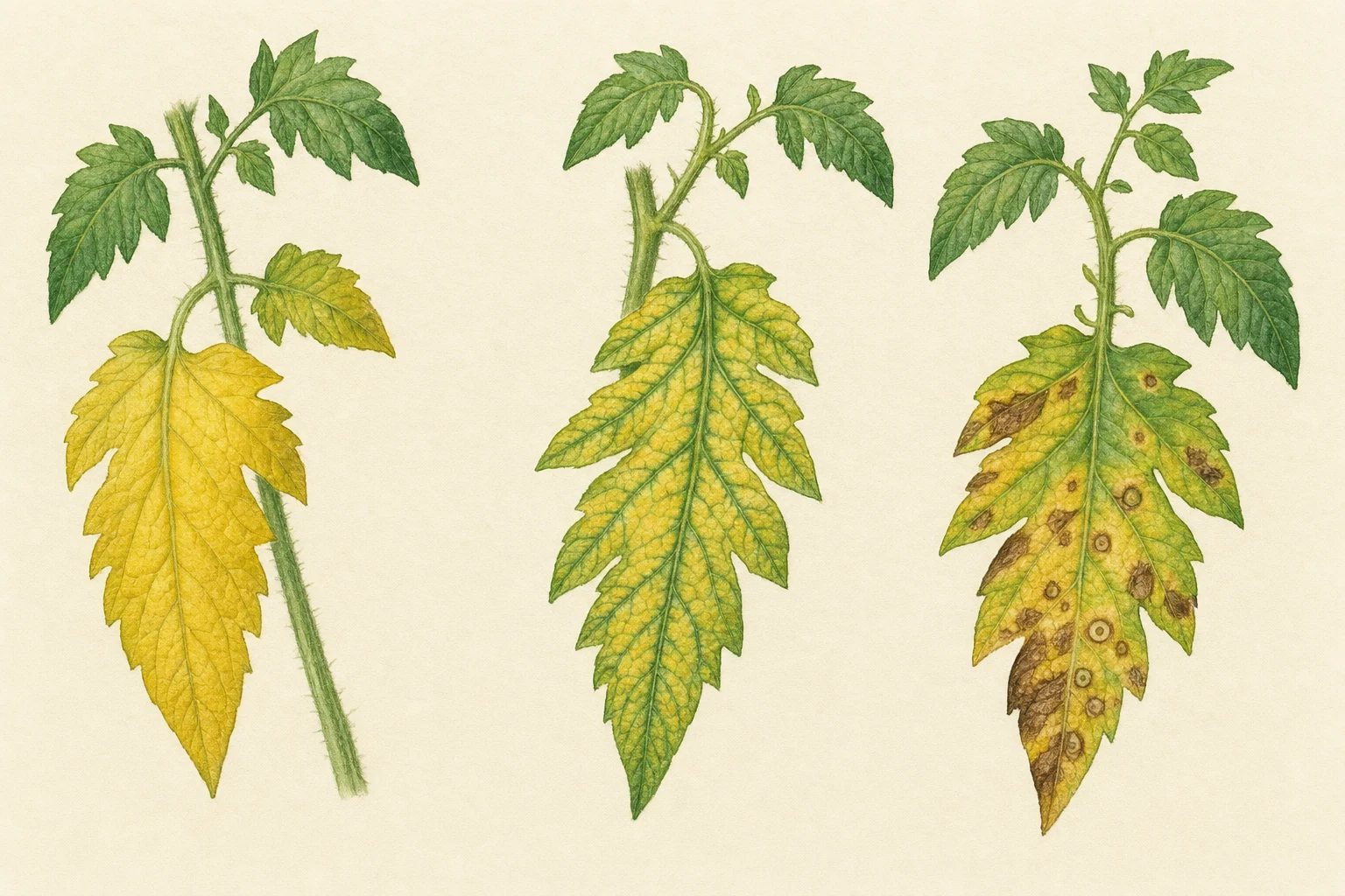 Botanische Vergleichsillustration einer Tomate mit gelbem Unterblatt, gelben Blattflächen zwischen grünen Adern und braunen Flecken