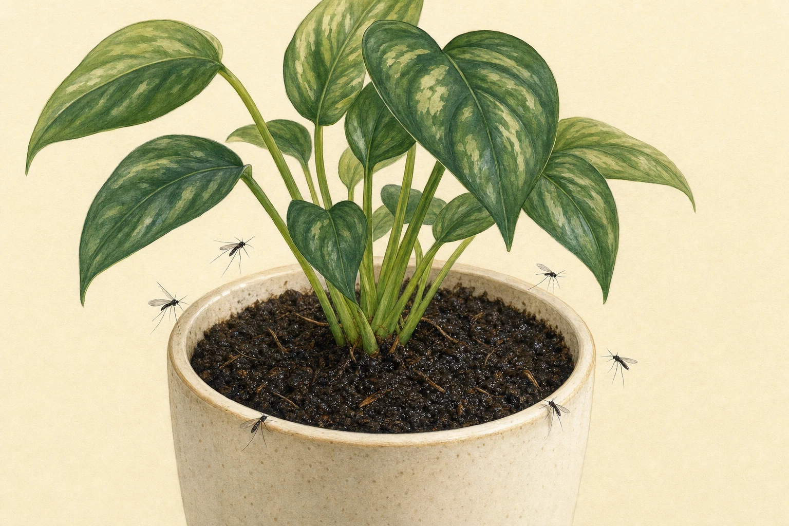 Botanische Illustration einer Topfpflanze mit kleinen Trauermücken über feuchter Erde