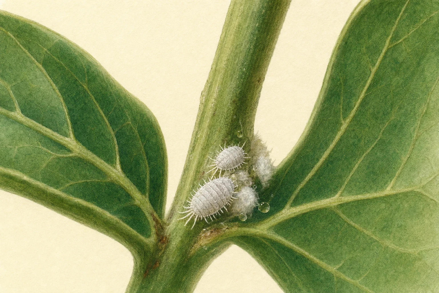 Botanische Illustration von Wollläusen und weißen Wachsnestern in einer Blattachsel
