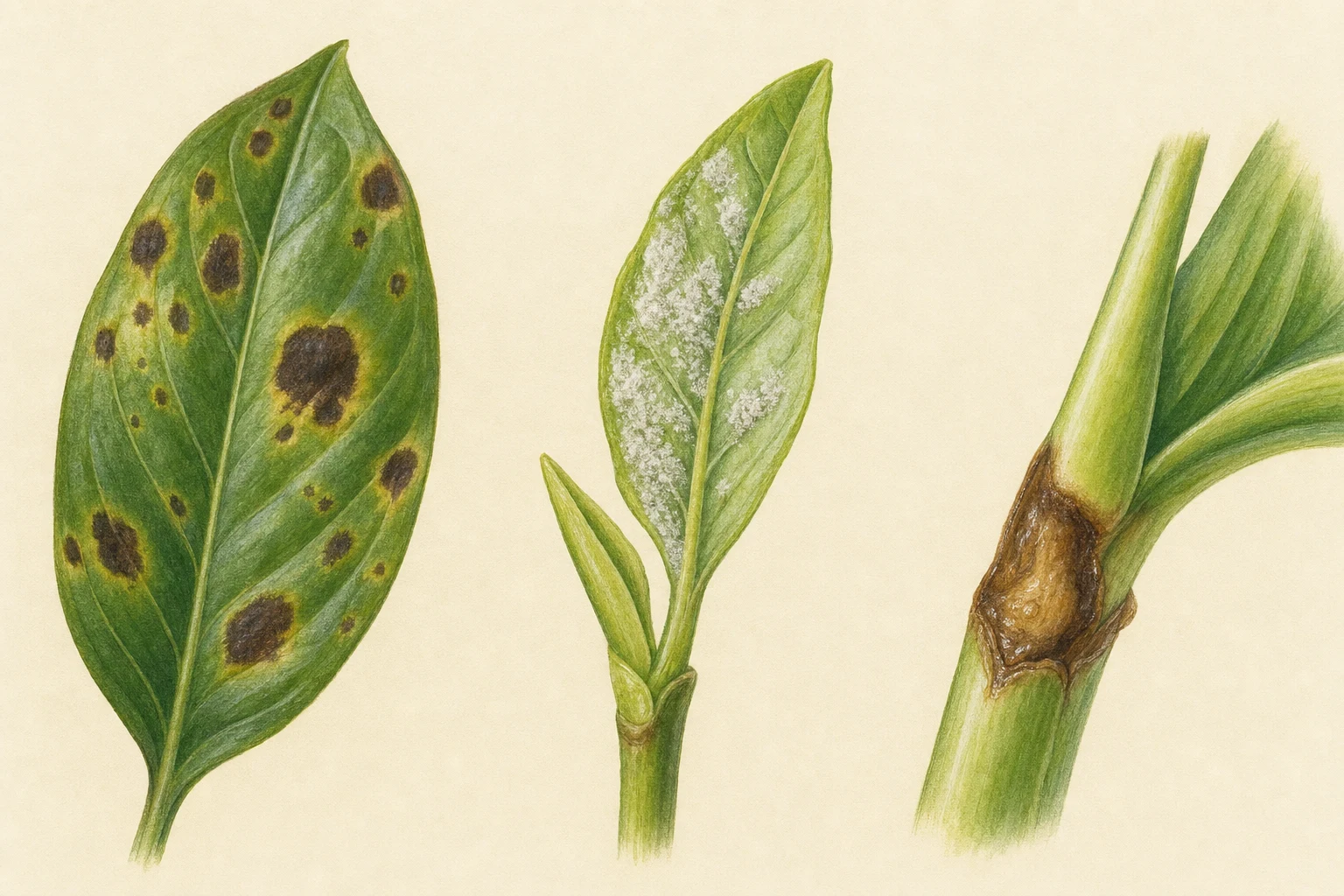 Botanische Vergleichsillustration von Blattflecken, pudrigem Belag und weicher Fäulnis an Zimmerpflanzen