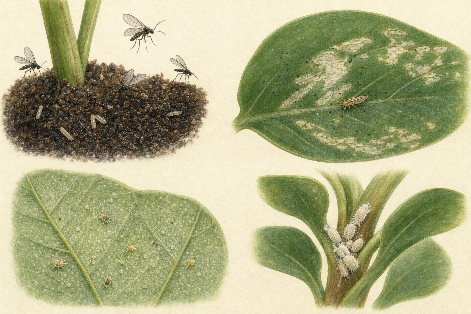 Botanische Übersicht mit Trauermücken, Thripsen, Spinnmilben und Wollläusen samt typischen Schadspuren